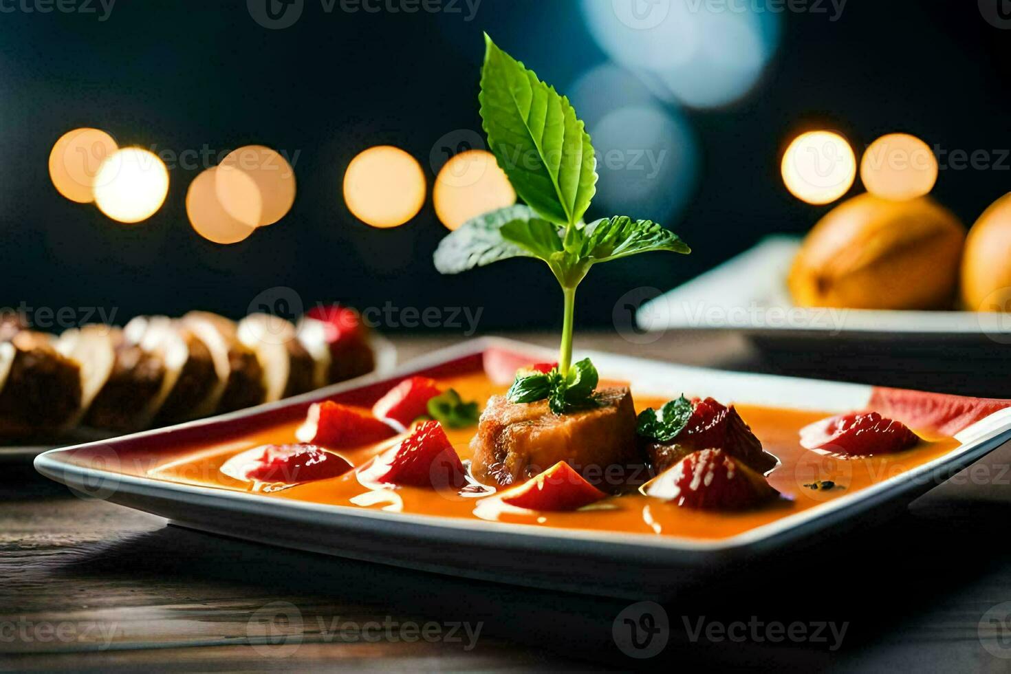 a plate of food with strawberries and a plant. AI-Generated photo