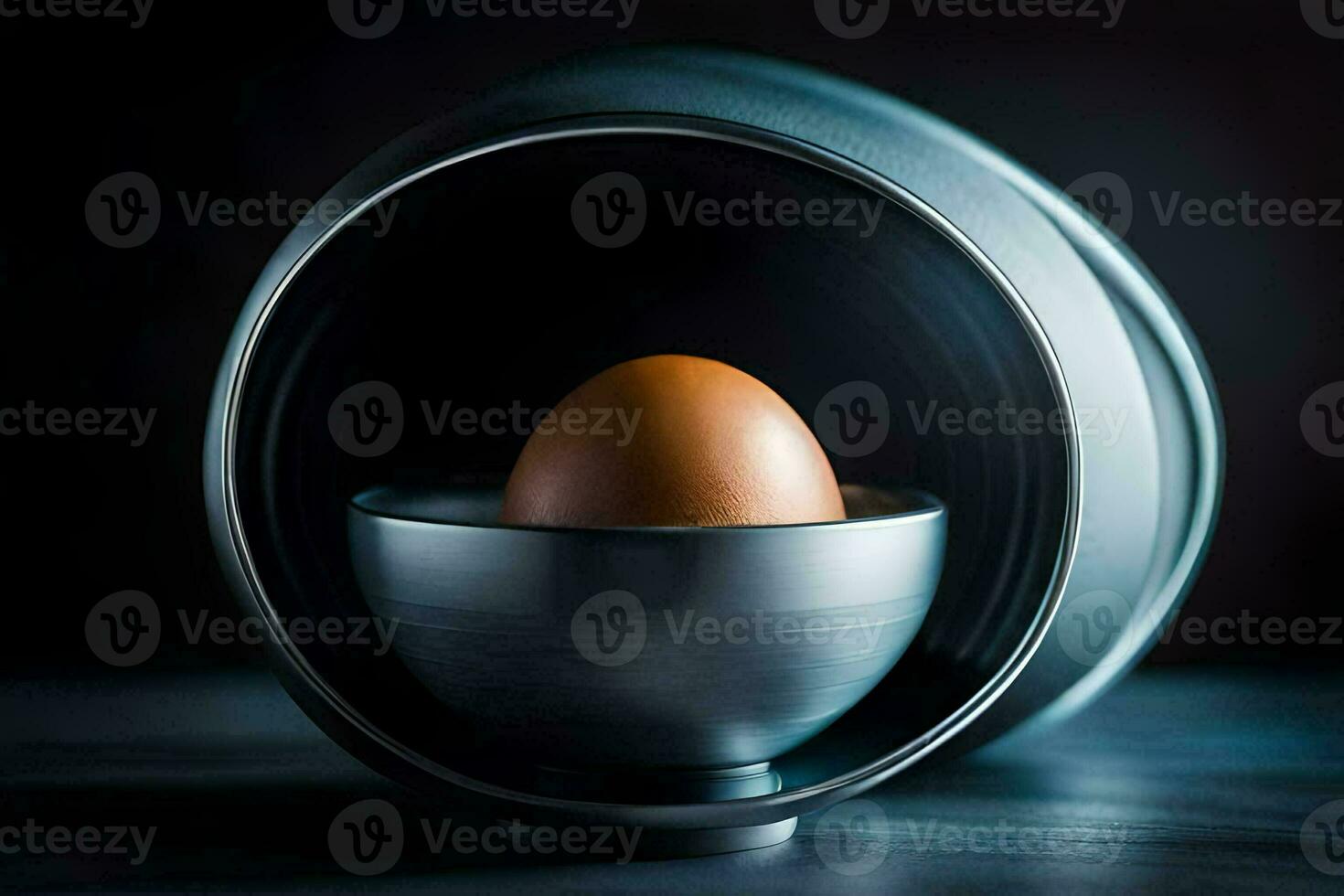 an egg in a metal bowl on a dark background. AI-Generated photo