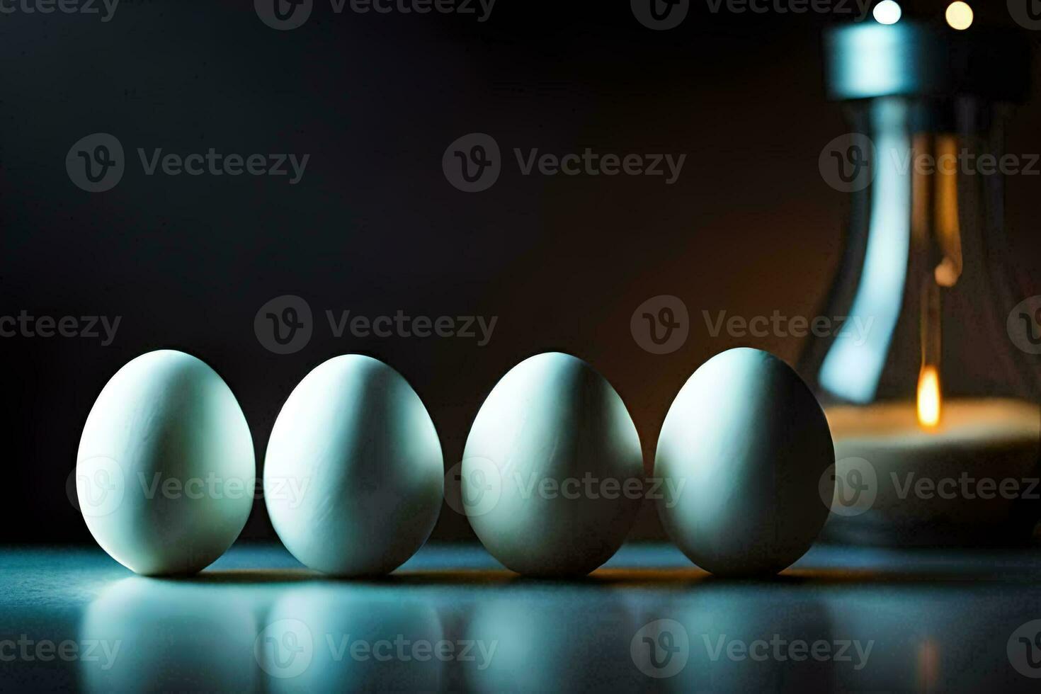 five eggs are lined up in front of a candle. AI-Generated photo