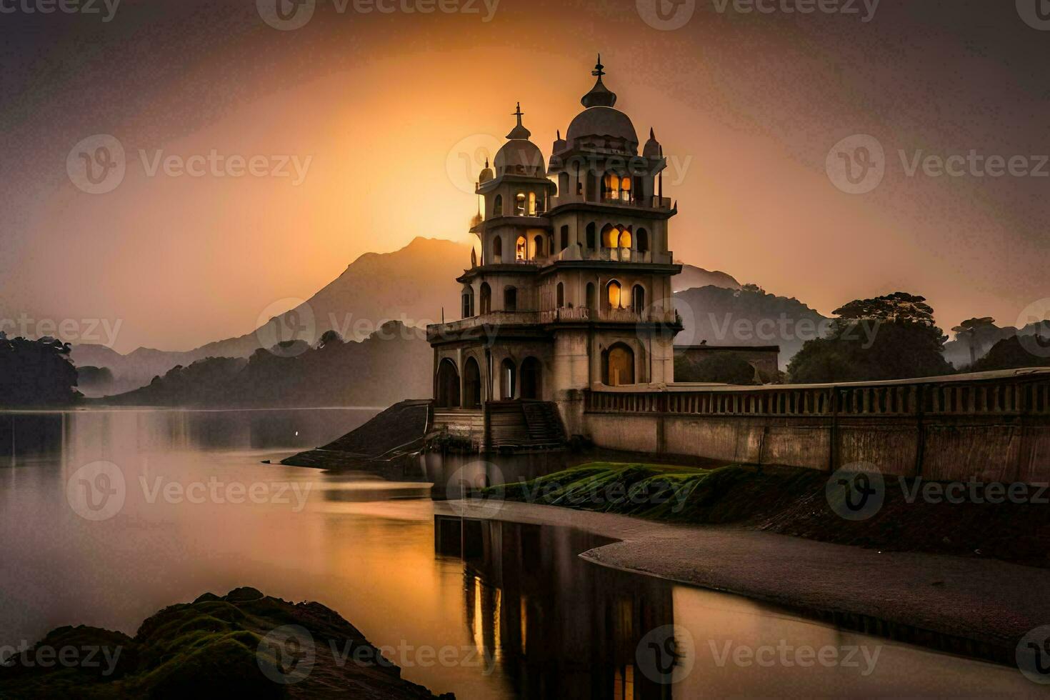 un hermosa templo se sienta en el apuntalar de un lago. generado por ai foto