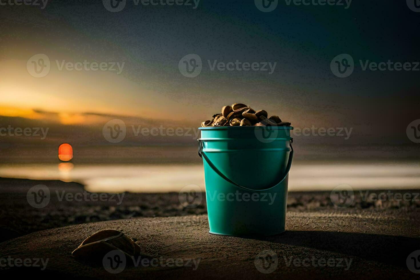 a bucket of nuts on the beach at sunset. AI-Generated photo