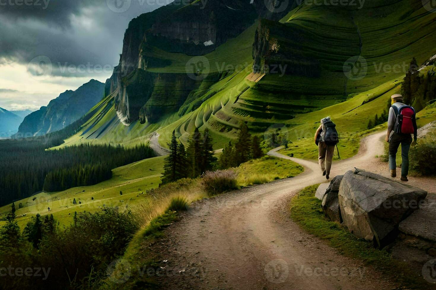 two people walking on a dirt road in the mountains. AI-Generated photo