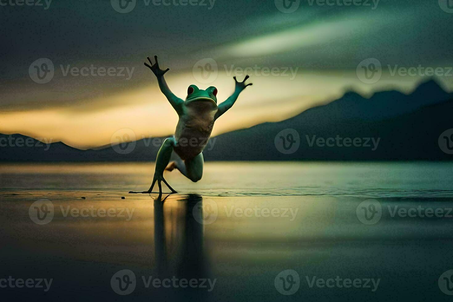 a frog jumping in the air on a lake. AI-Generated photo