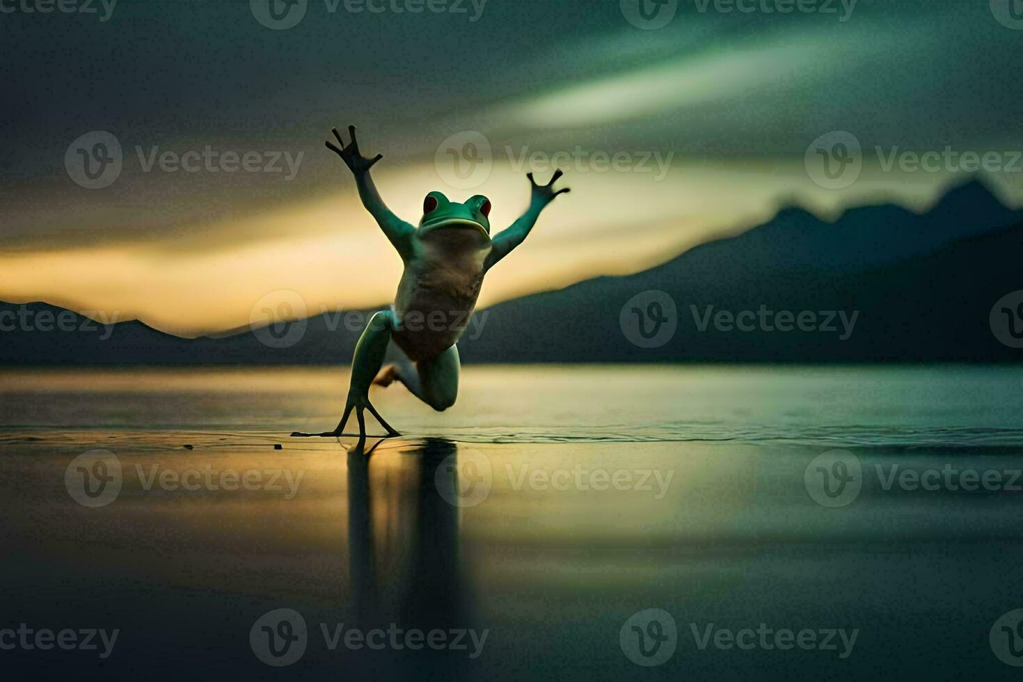 un rana saltando en el aire en un lago. generado por ai foto