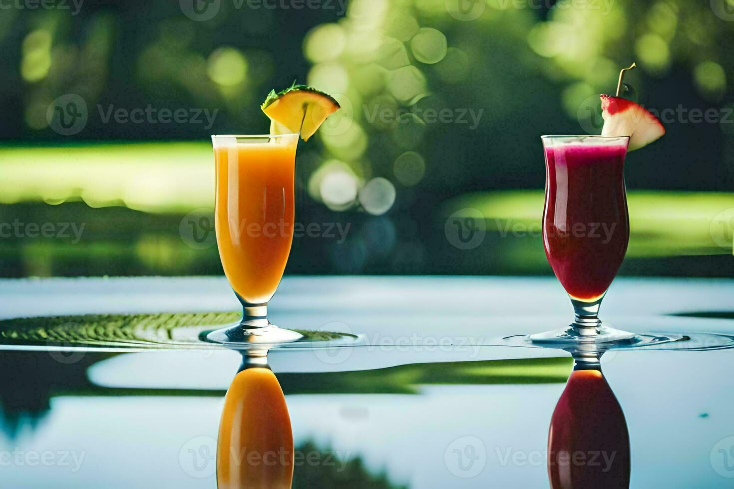 two glasses of juice with fruit and water on a table. AI-Generated photo
