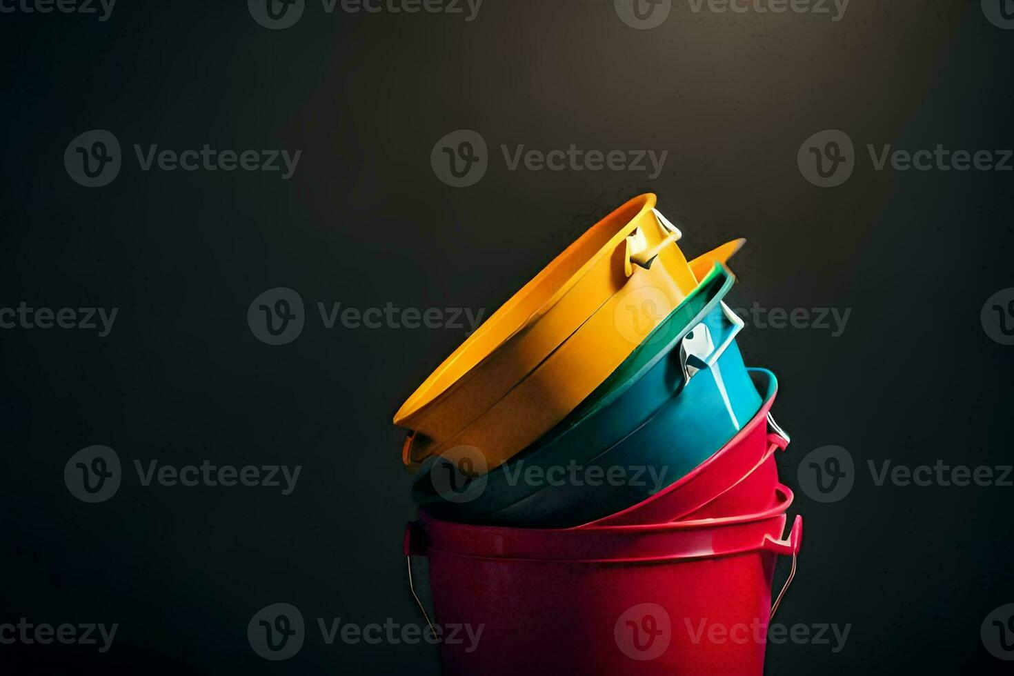 a stack of colorful buckets on a black background. AI-Generated photo