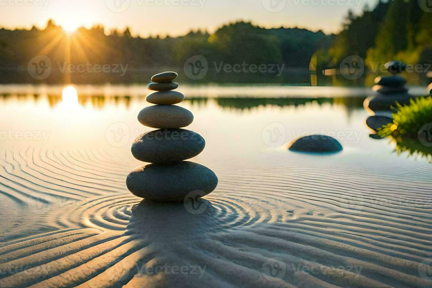 a stack of stones in the water at sunset. AI-Generated photo