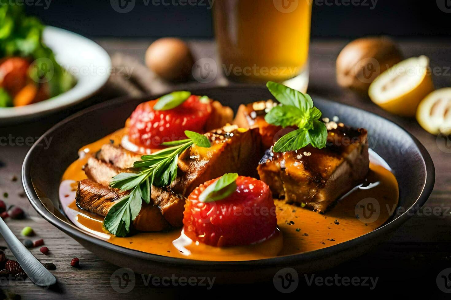 a plate of food with meat and tomatoes. AI-Generated photo