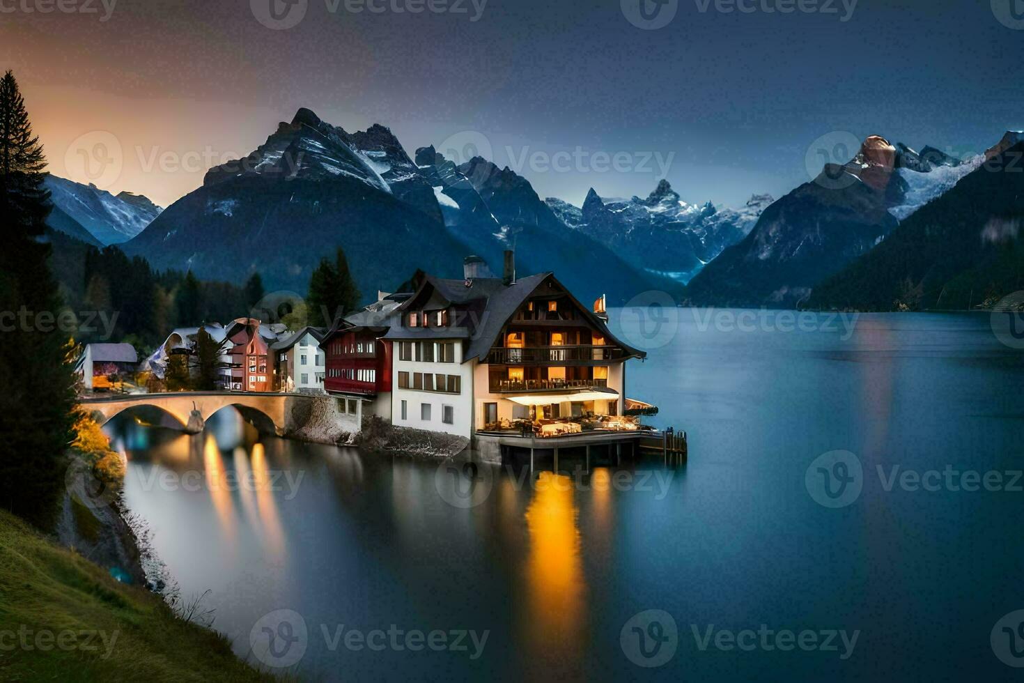 a house sits on the edge of a lake at dusk. AI-Generated photo