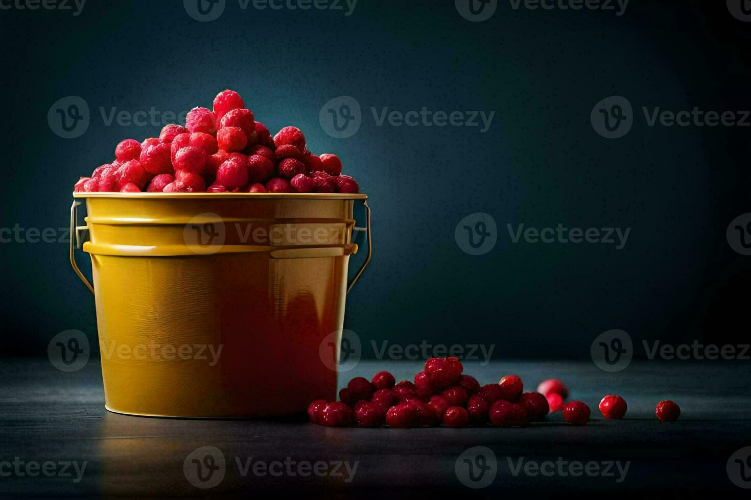 a bucket filled with raspberries on a dark table. AI-Generated photo