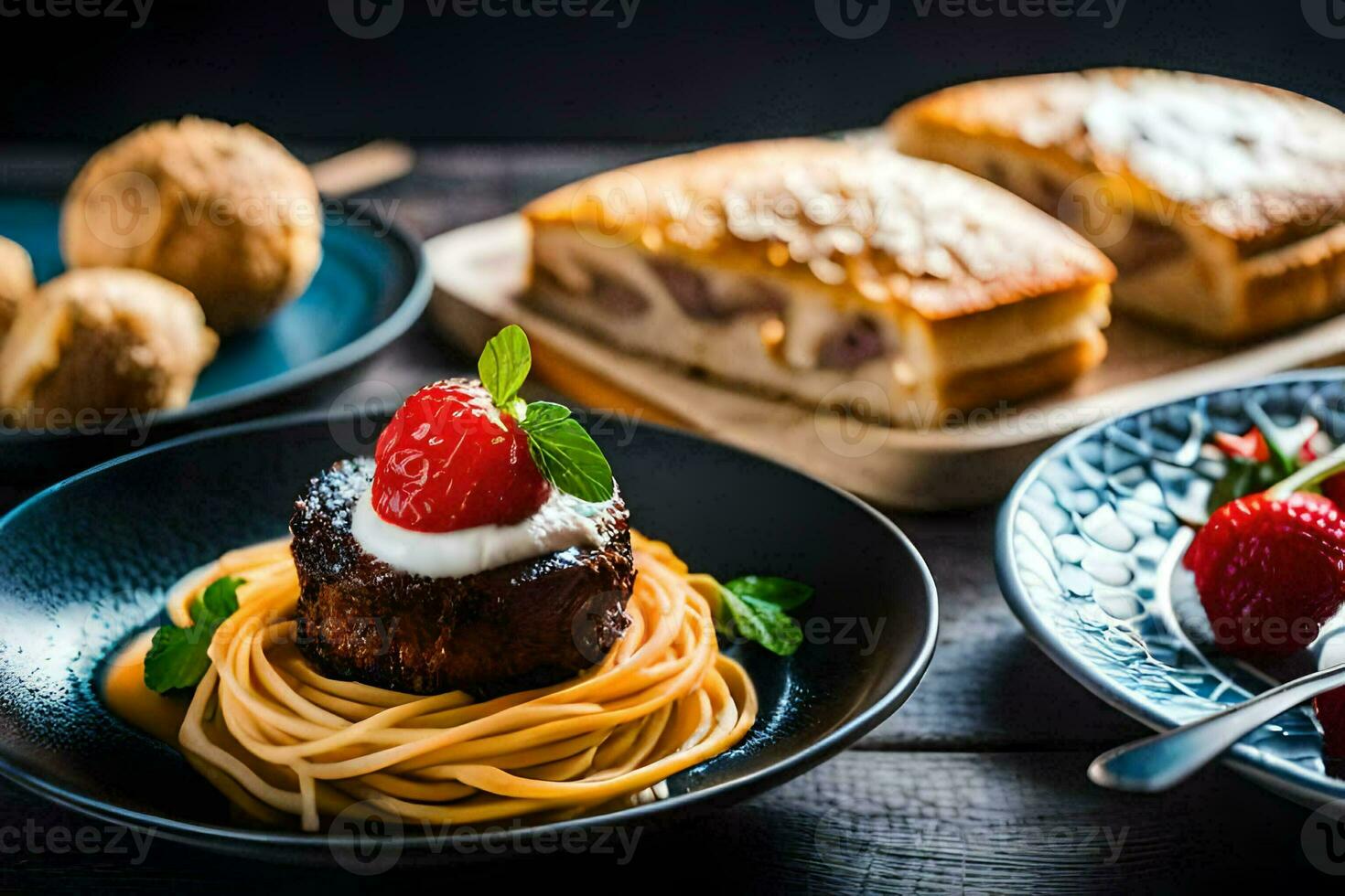 a plate of spaghetti, strawberries and a cake. AI-Generated photo