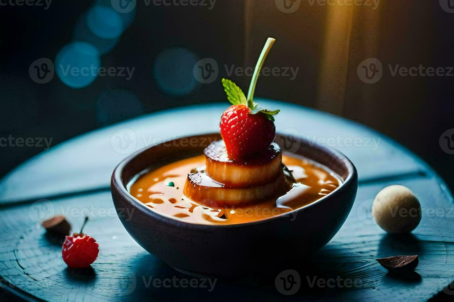 a bowl of soup with strawberries and a slice of bread. AI-Generated photo