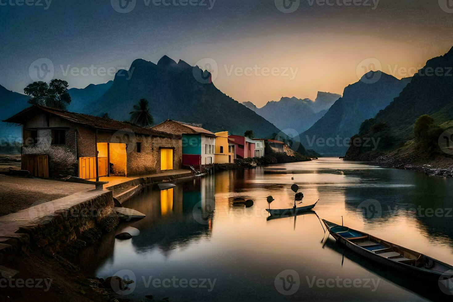 a boat sits on the water in front of a mountain. AI-Generated photo