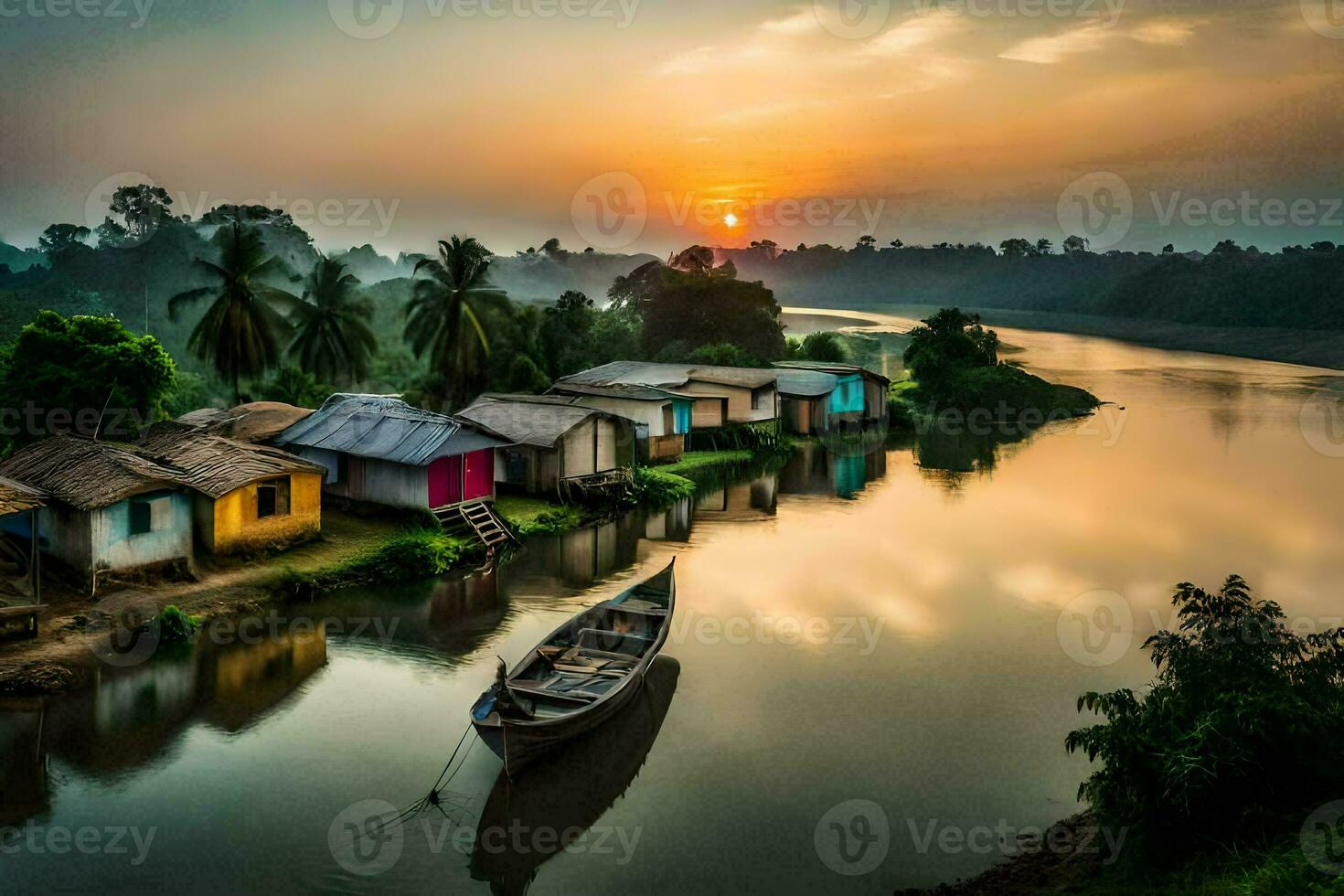 a boat is docked in front of a river with houses on the shore. AI-Generated photo