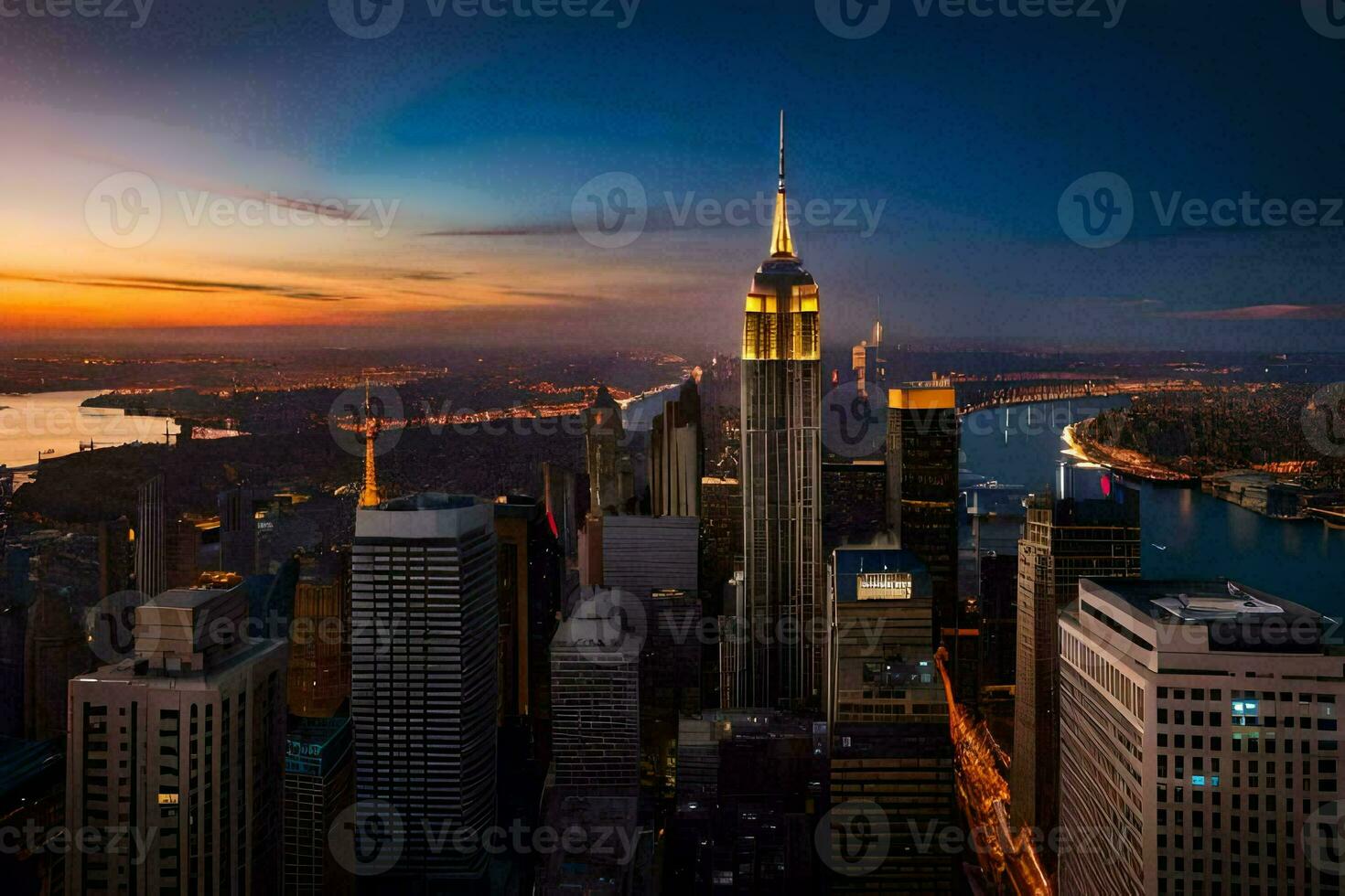 the empire state building is seen at sunset. AI-Generated photo