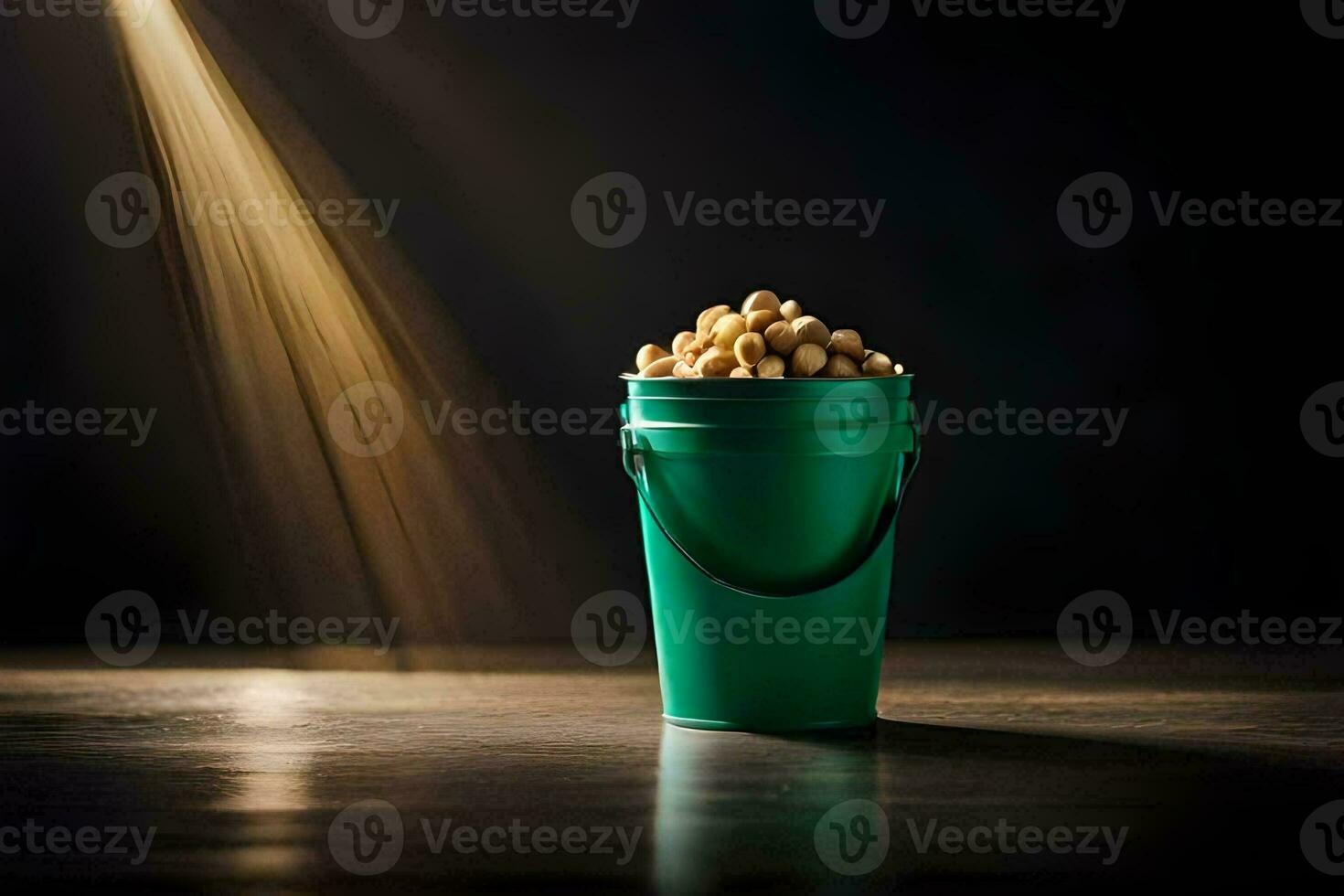 a bucket filled with peanuts on a table. AI-Generated photo
