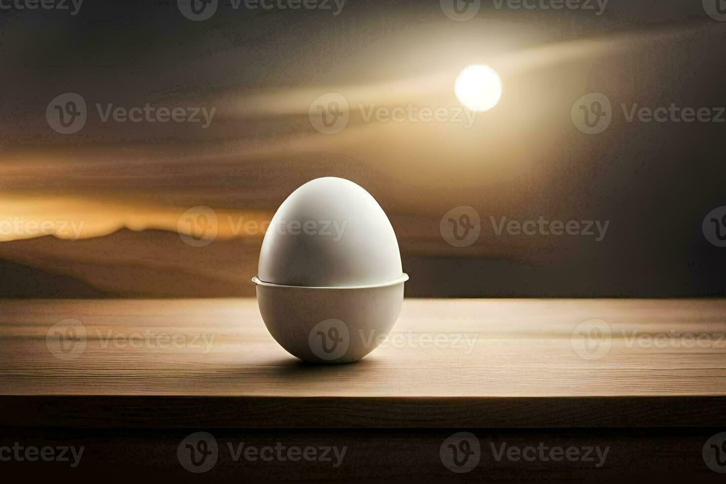 an egg sitting on a table in front of a sunset. AI-Generated photo