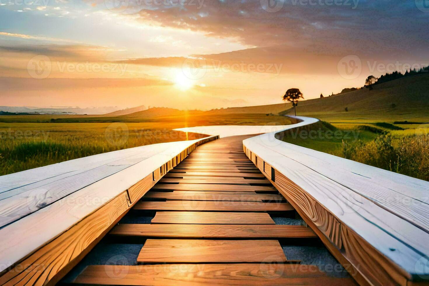 the sun rises over a wooden walkway in the middle of a field. AI-Generated photo