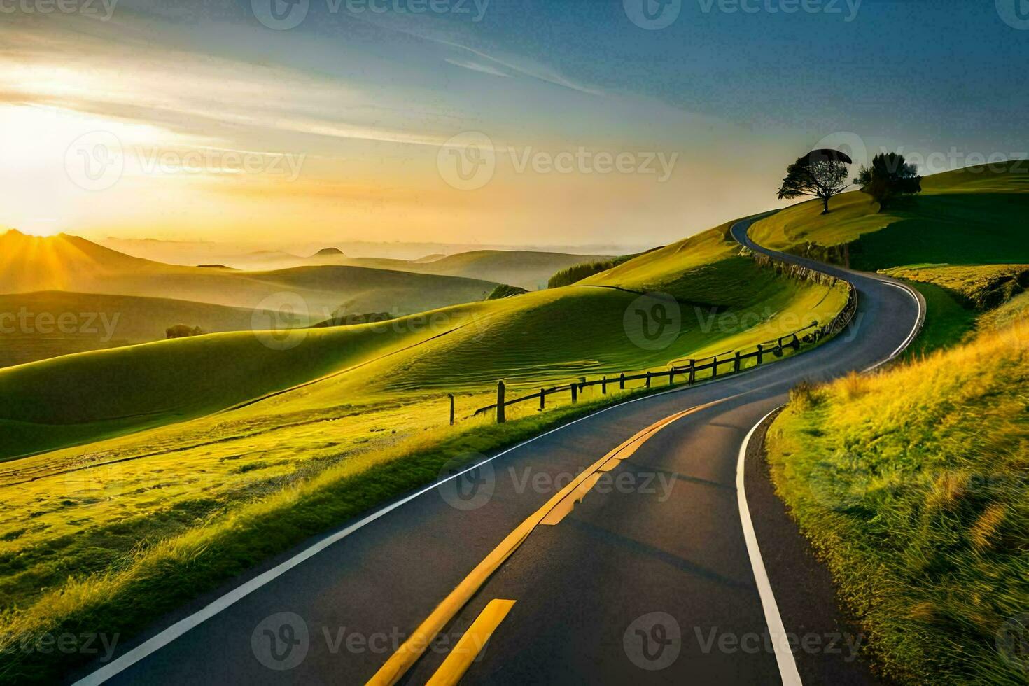 a scenic road winding through the hills at sunset. AI-Generated photo