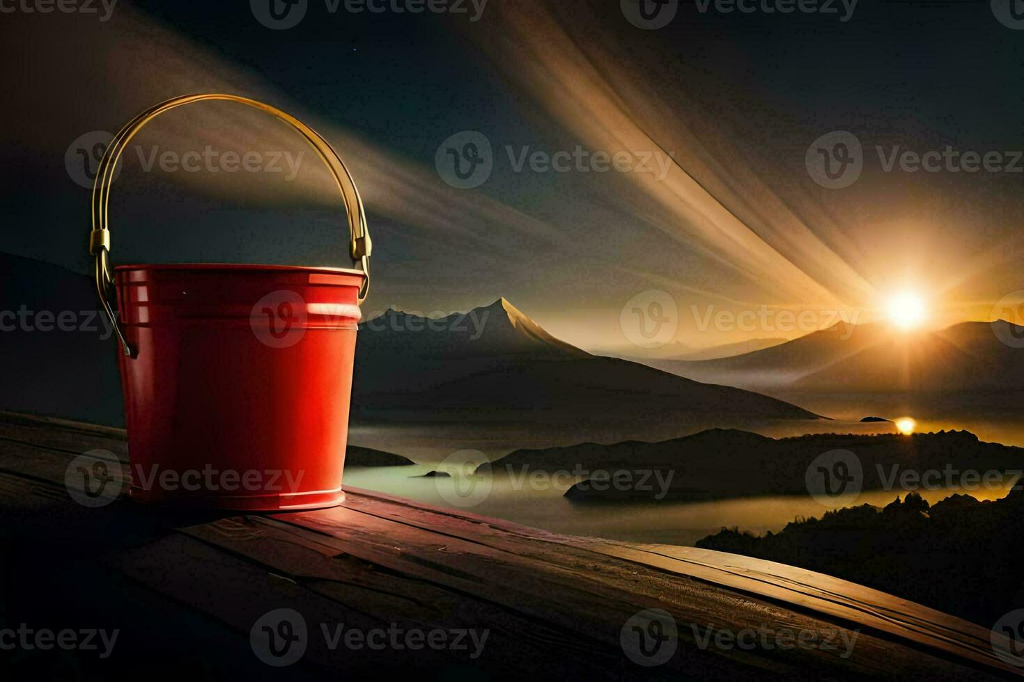 a red bucket on a wooden table with a sunset in the background. AI-Generated photo