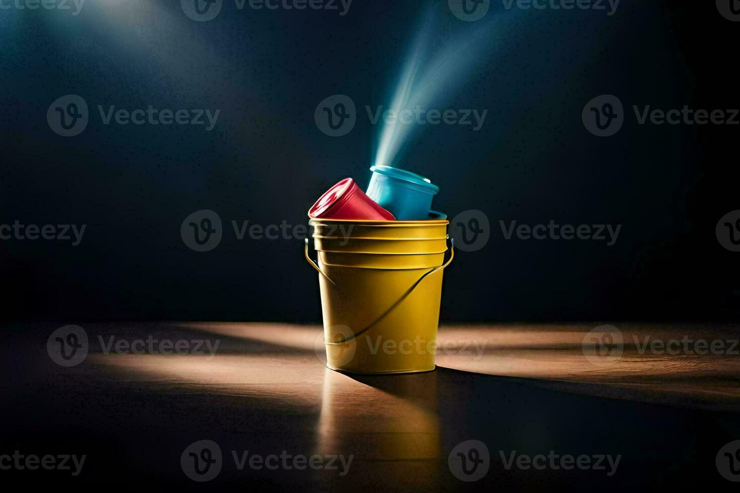 a yellow bucket with two red cups in it. AI-Generated photo