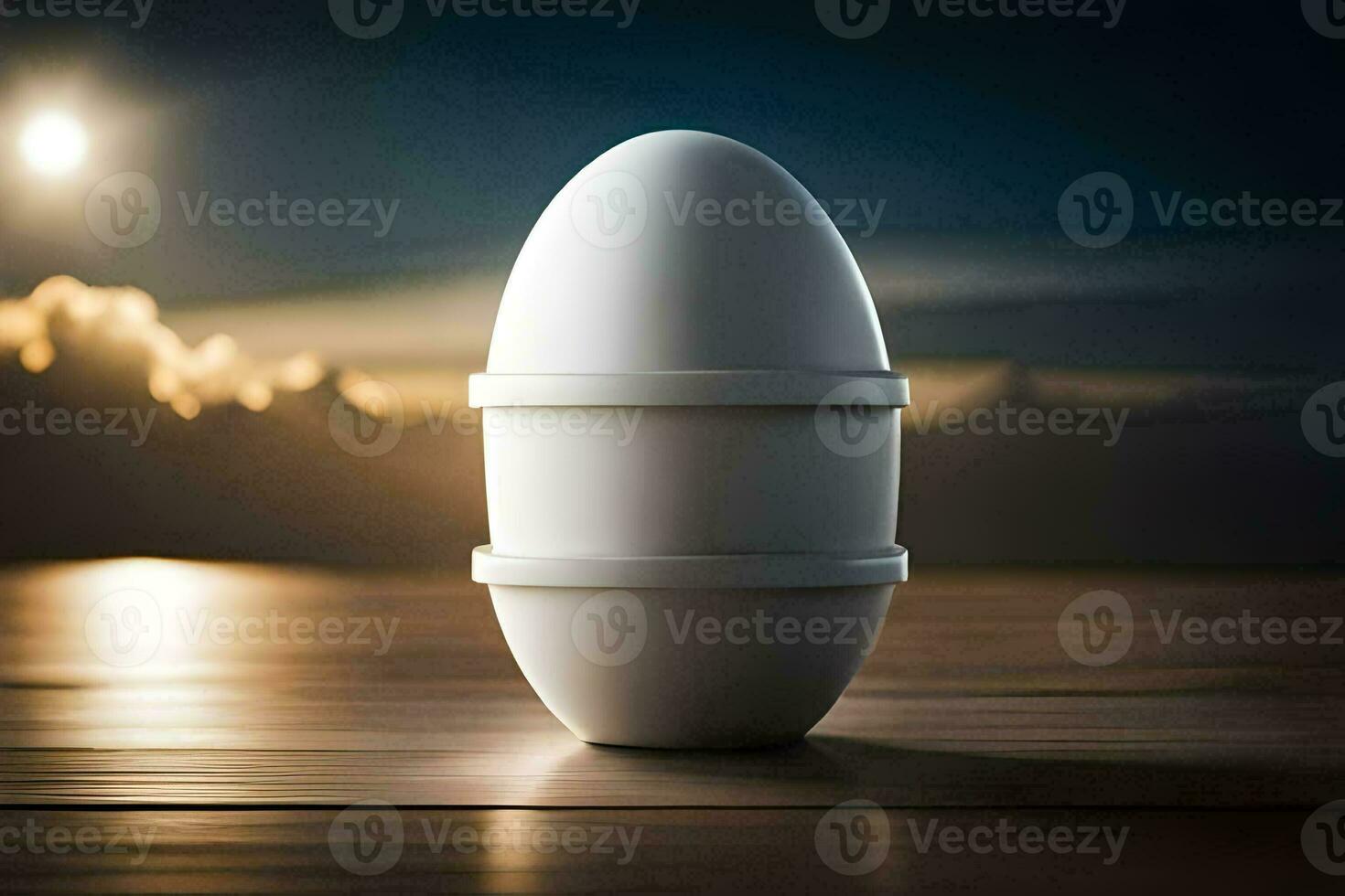 an egg sitting on a table with a full moon in the background. AI-Generated photo