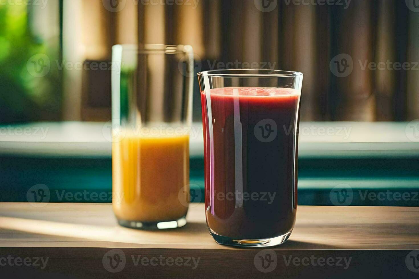 two glasses of juice on a table. AI-Generated photo