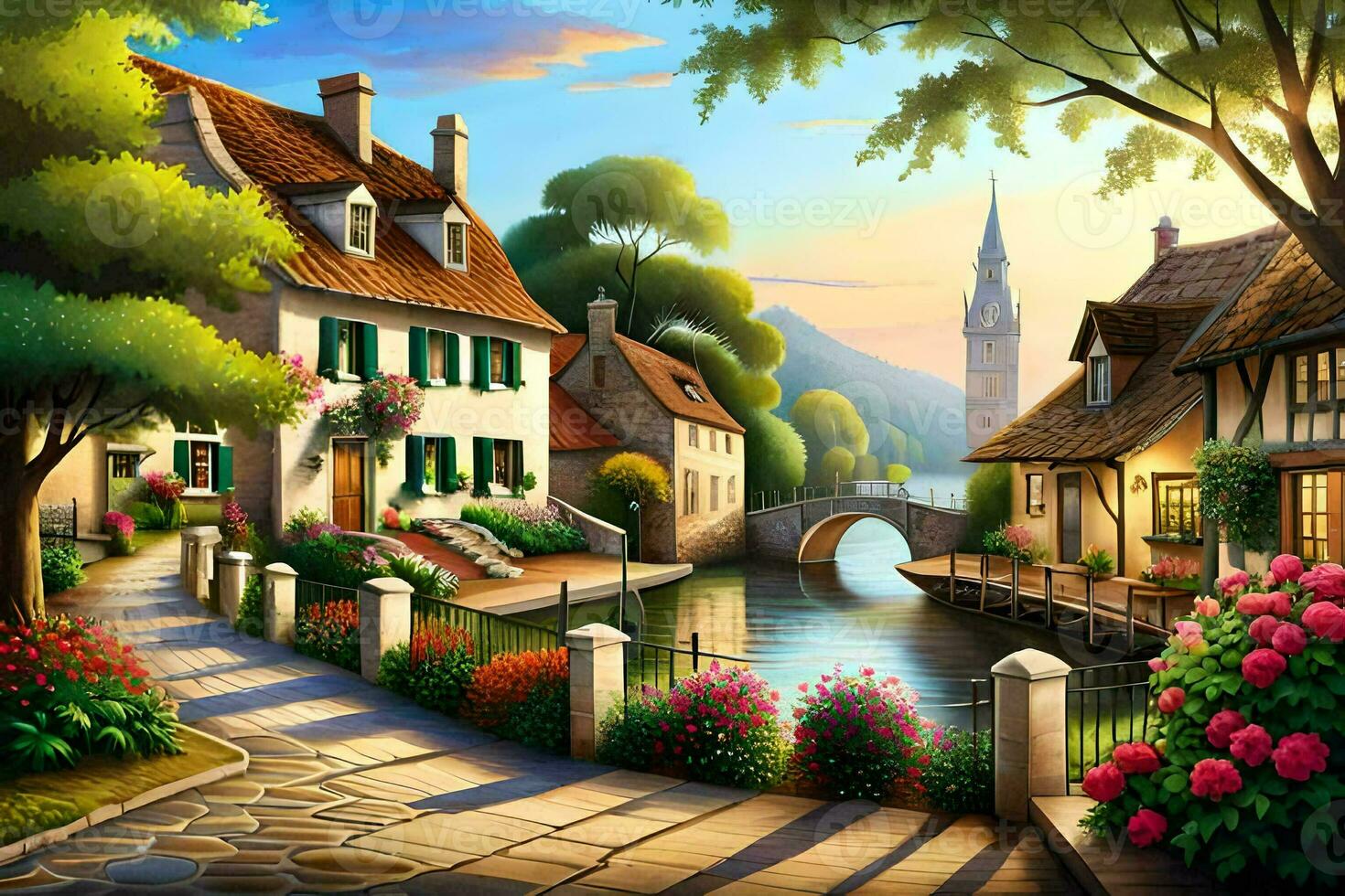 a painting of a village street with houses and flowers. AI-Generated photo