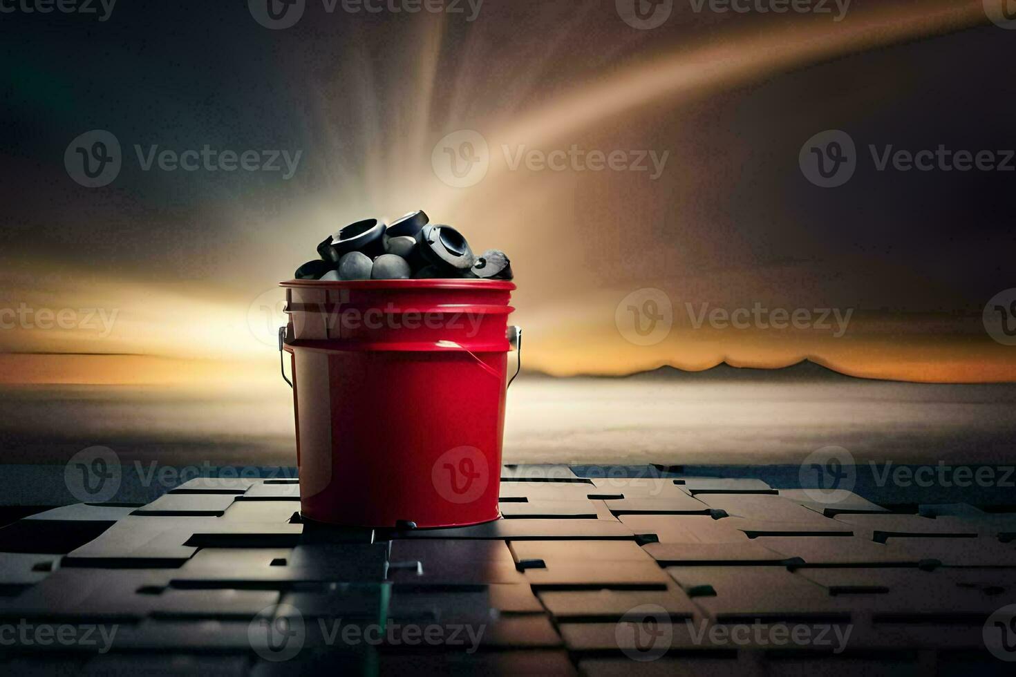 a red bucket with black garbage in it on a table. AI-Generated photo