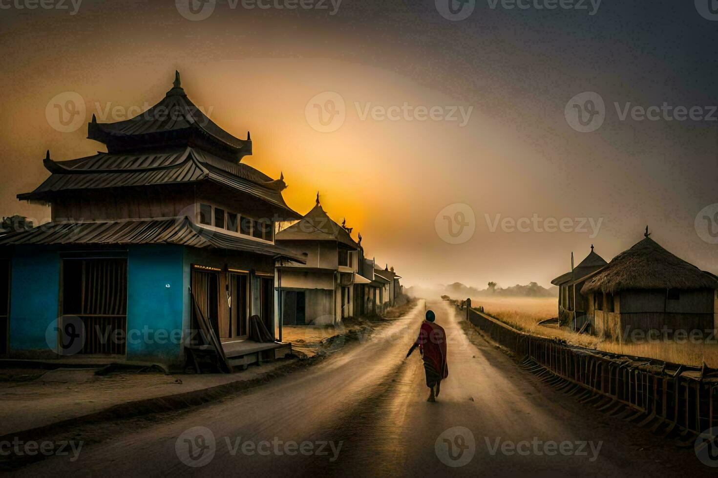 a monk walks down a road at sunrise. AI-Generated photo