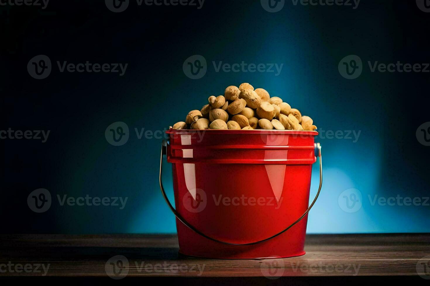 a red bucket filled with peanuts on a table. AI-Generated photo