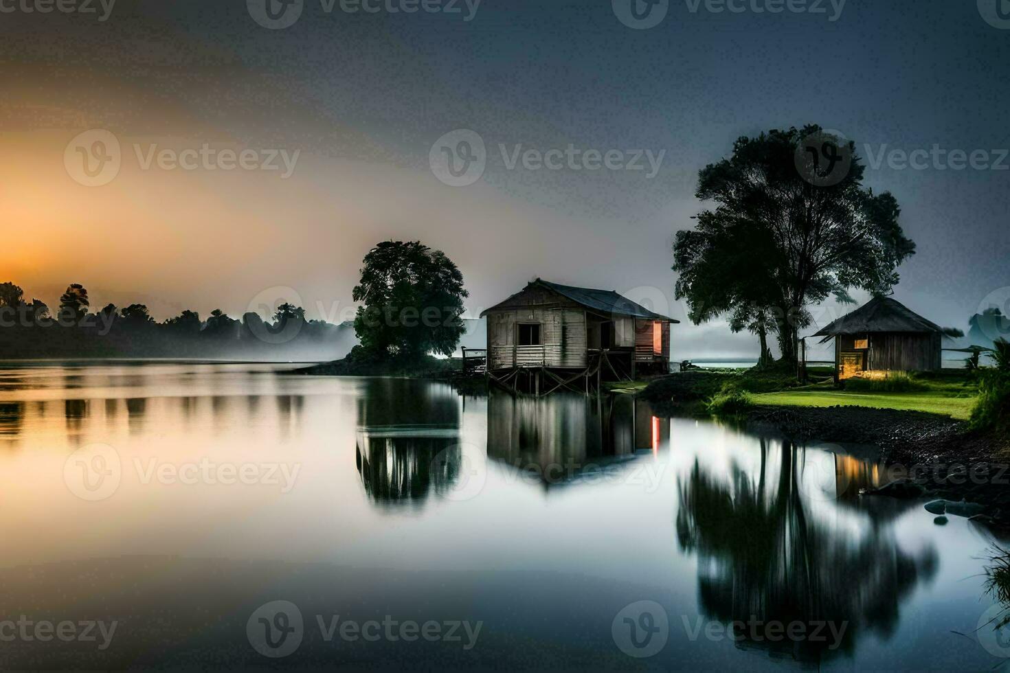a house sits on the shore of a lake at sunset. AI-Generated photo