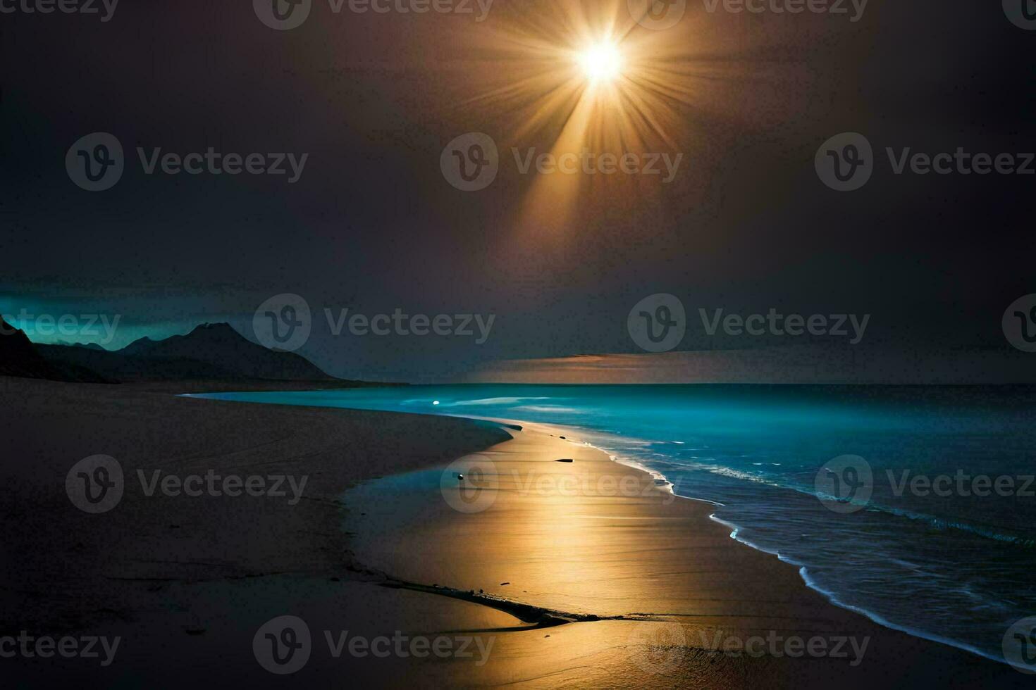 a beach under a dark sky with a bright sun shining. AI-Generated photo