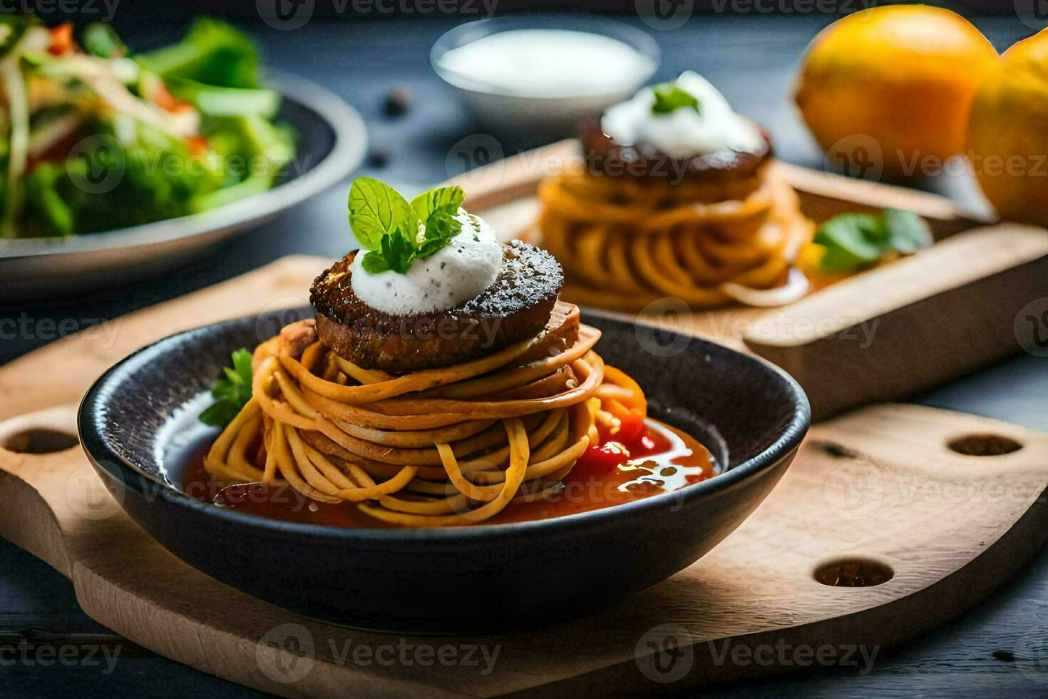 spaghetti with meatballs and salad on a wooden table. AI-Generated photo