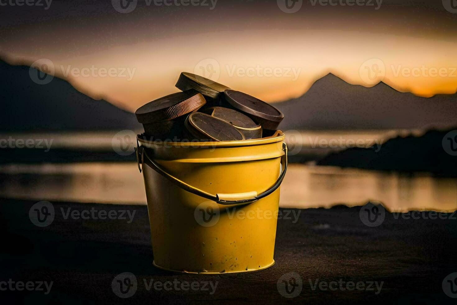 a bucket of chocolate on the beach at sunset. AI-Generated photo