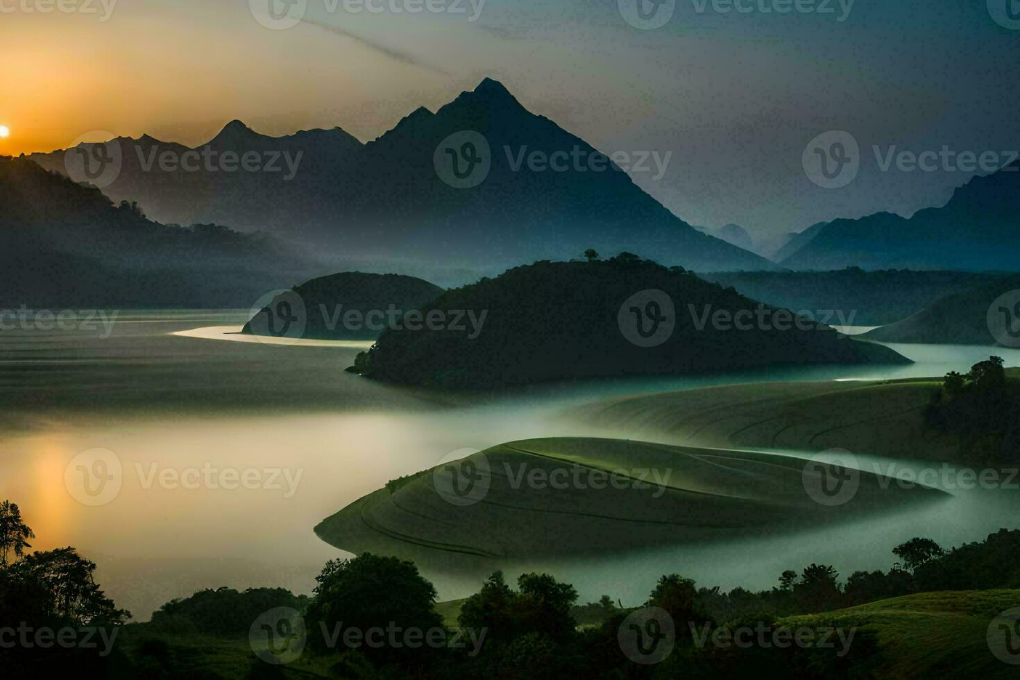 the sun rises over a lake and mountains. AI-Generated photo