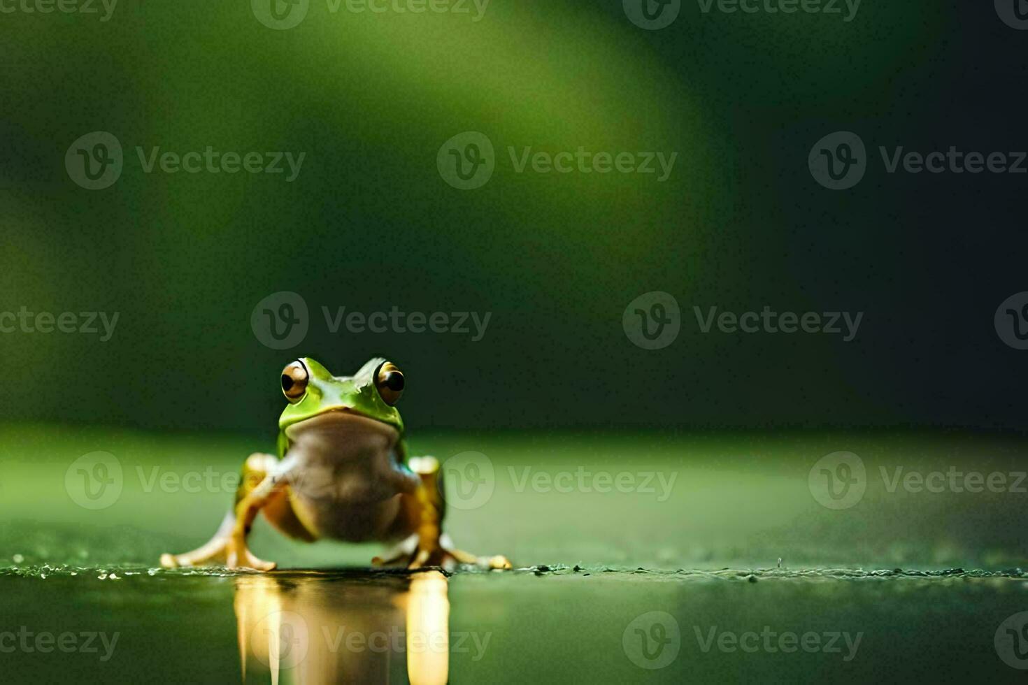 a frog sitting on the water surface with a green background. AI-Generated photo