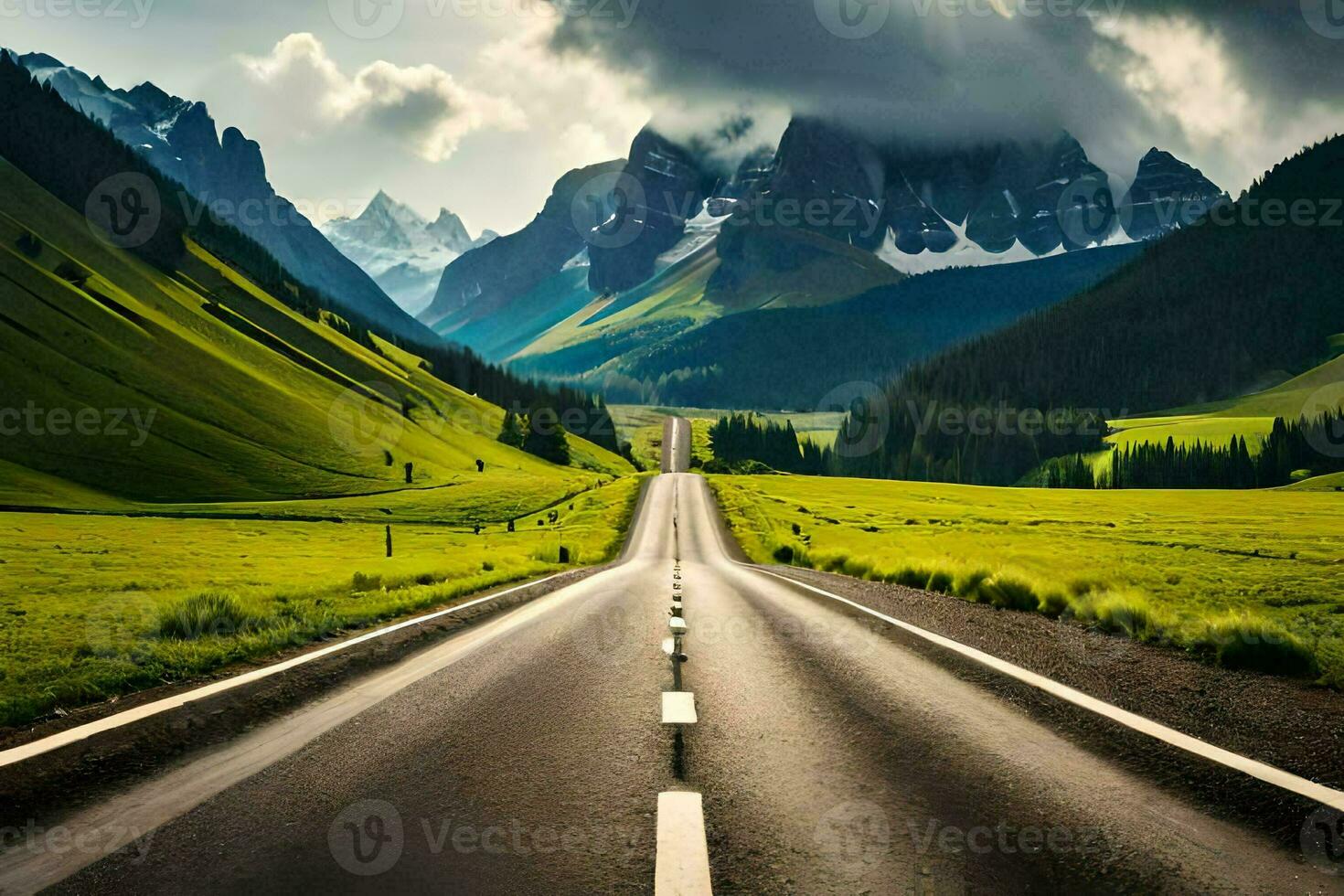 a long road with mountains in the background. AI-Generated photo