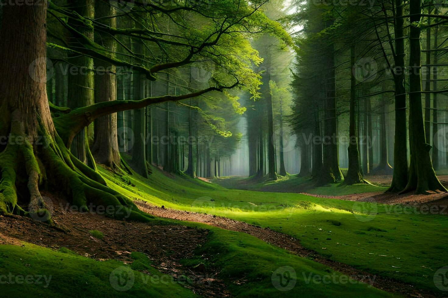 a forest with trees and grass. AI-Generated photo