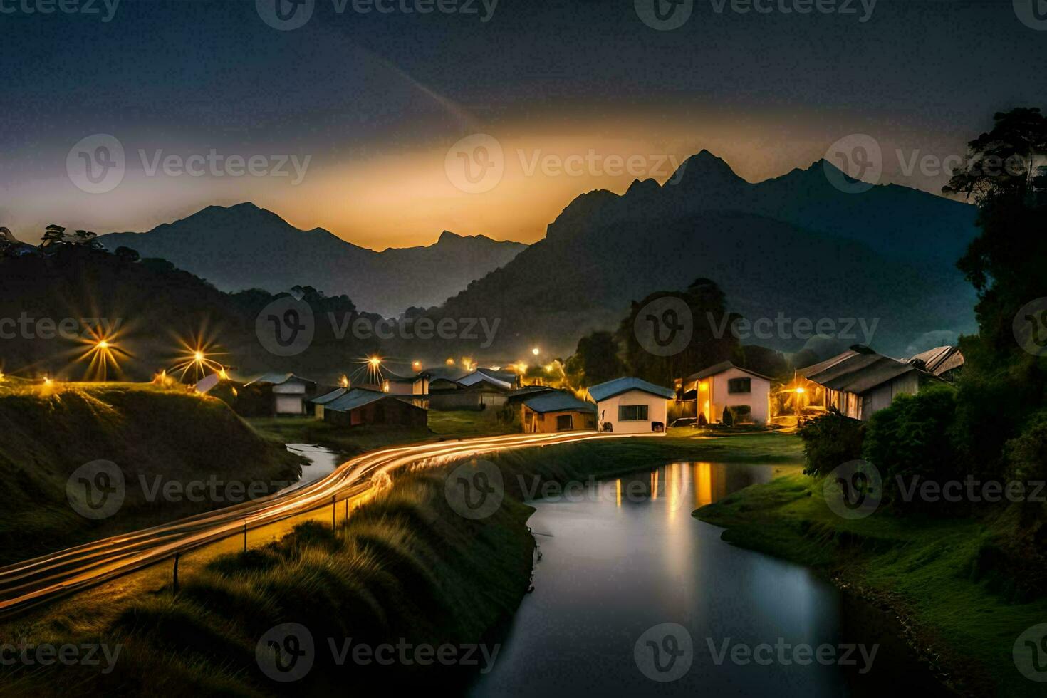 a river runs through a village at night. AI-Generated photo