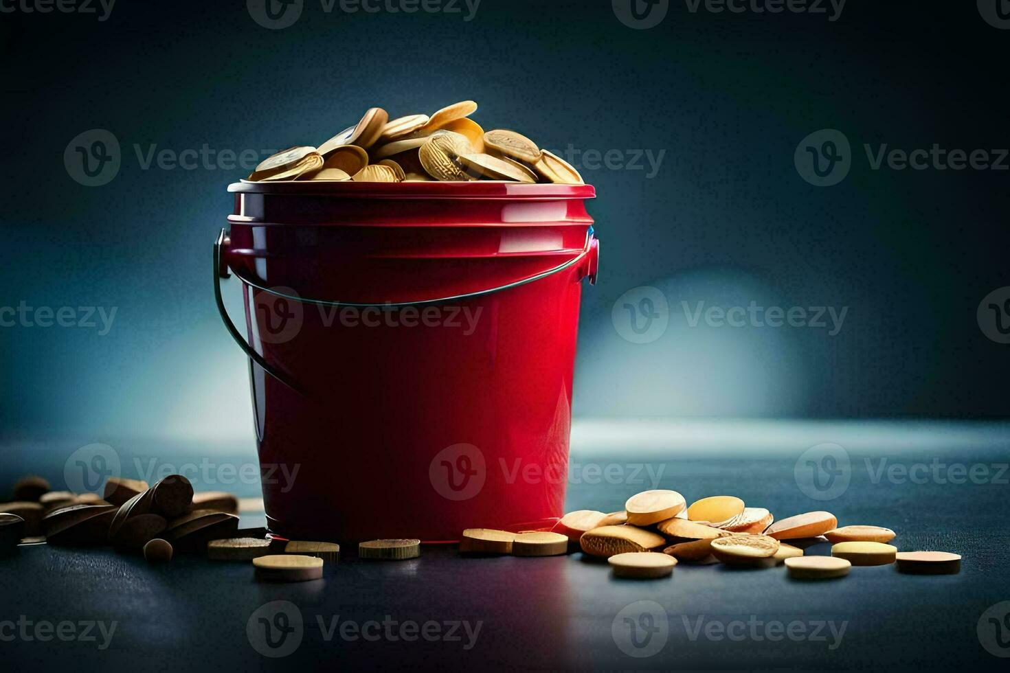 a red bucket filled with gold coins. AI-Generated photo