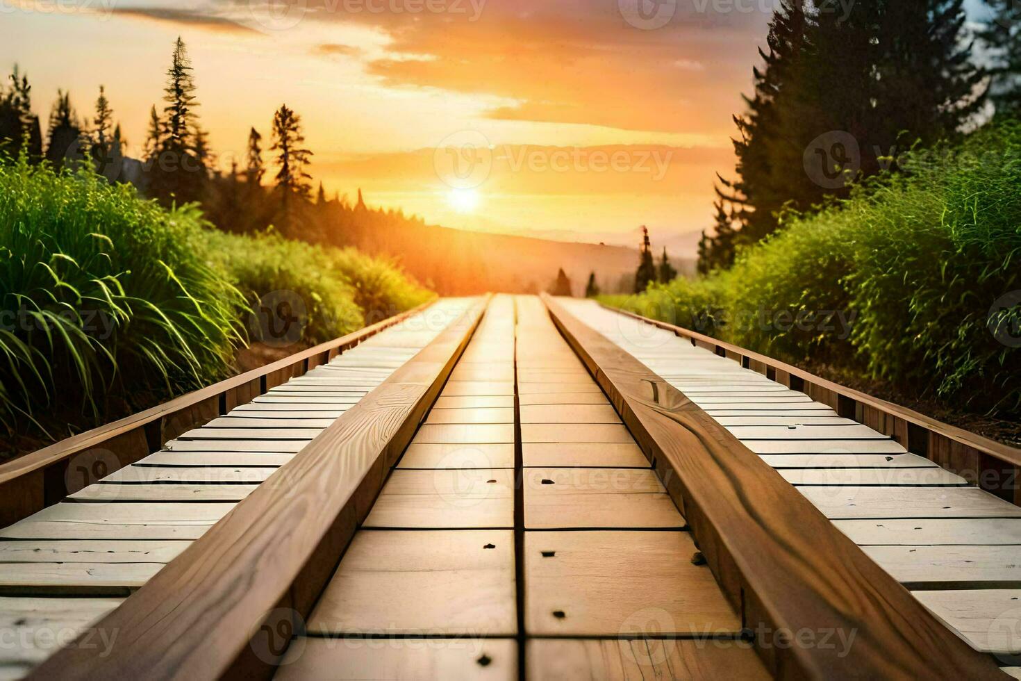 a wooden track leading to the sunset. AI-Generated photo
