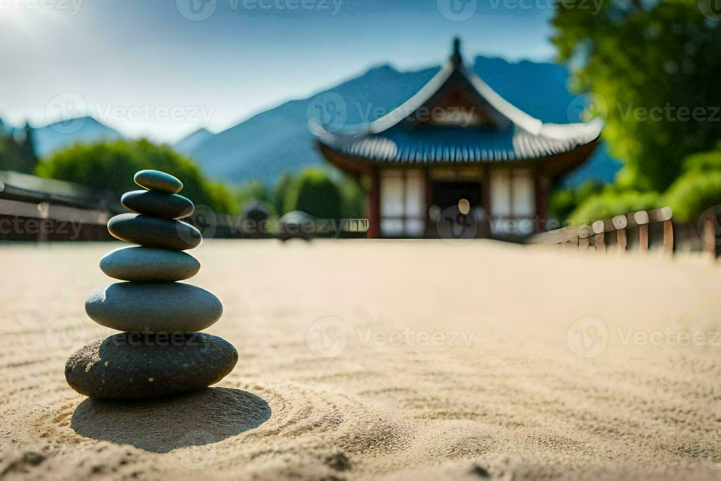 a stack of rocks in front of a pagoda. AI-Generated photo