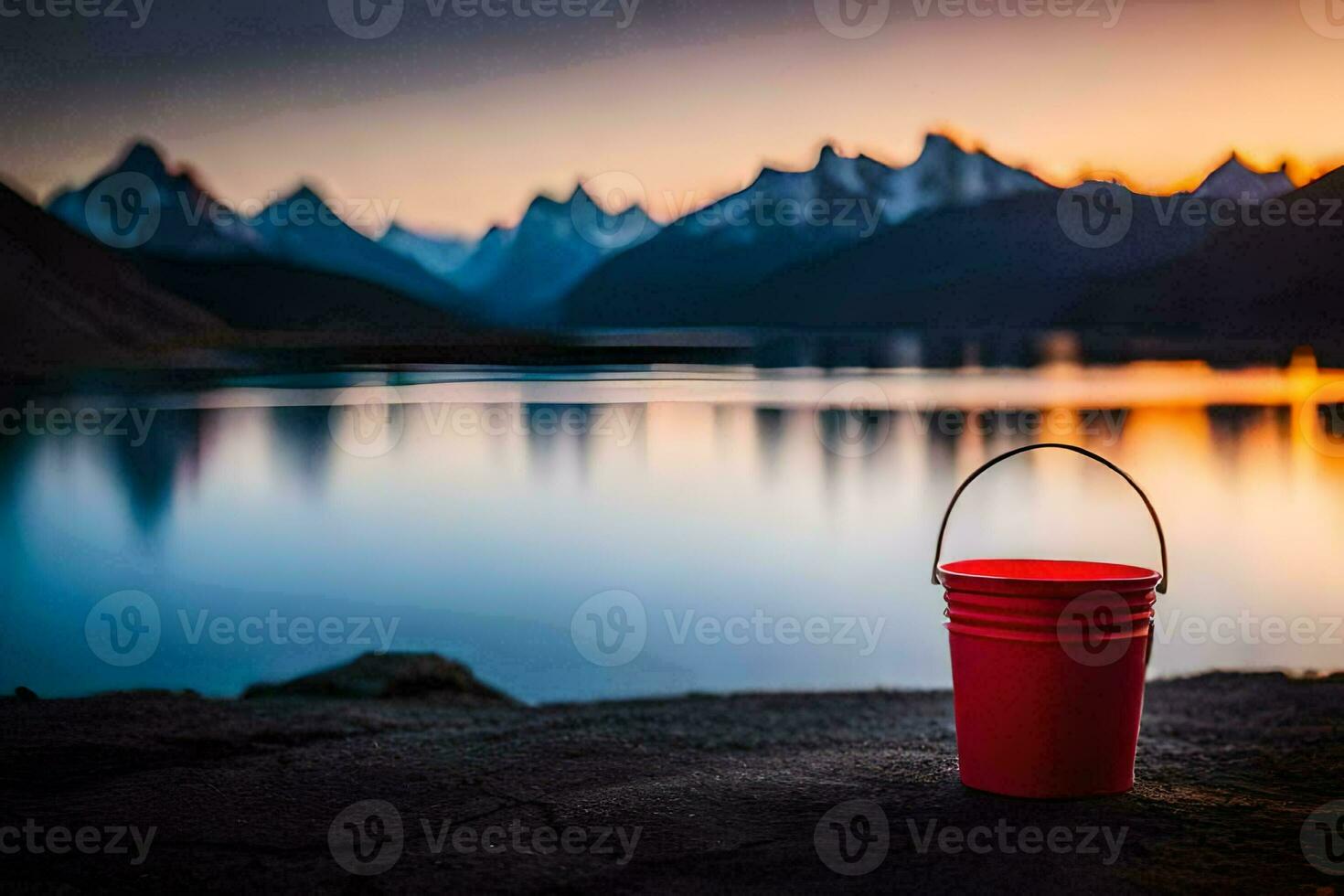 a red bucket sits on the ground near a lake at sunset. AI-Generated photo