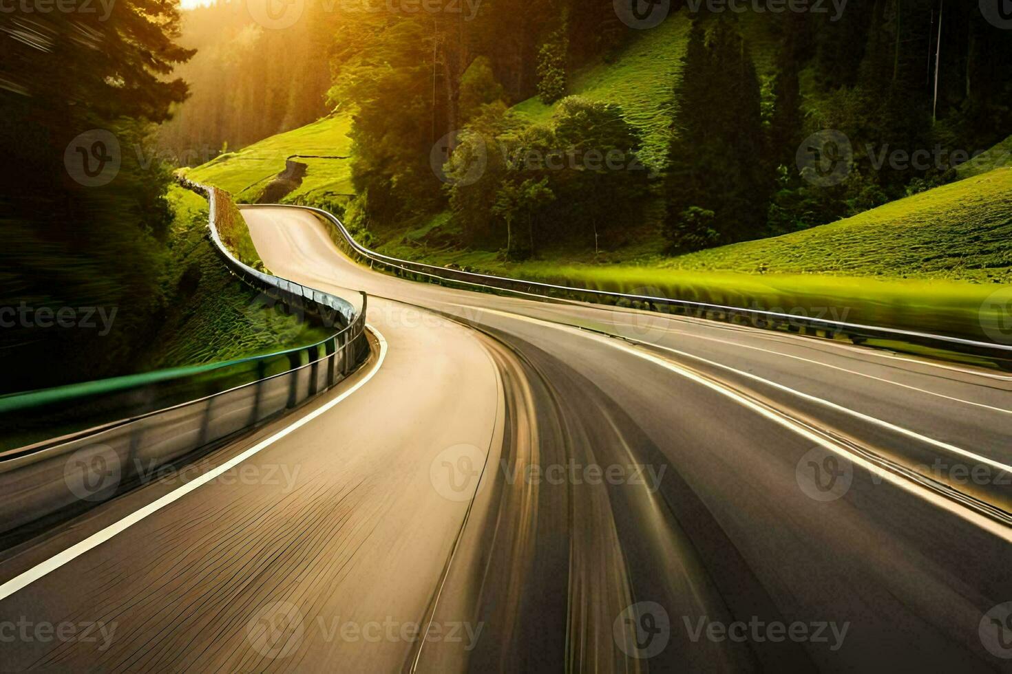 a car driving on a winding road in the mountains. AI-Generated photo