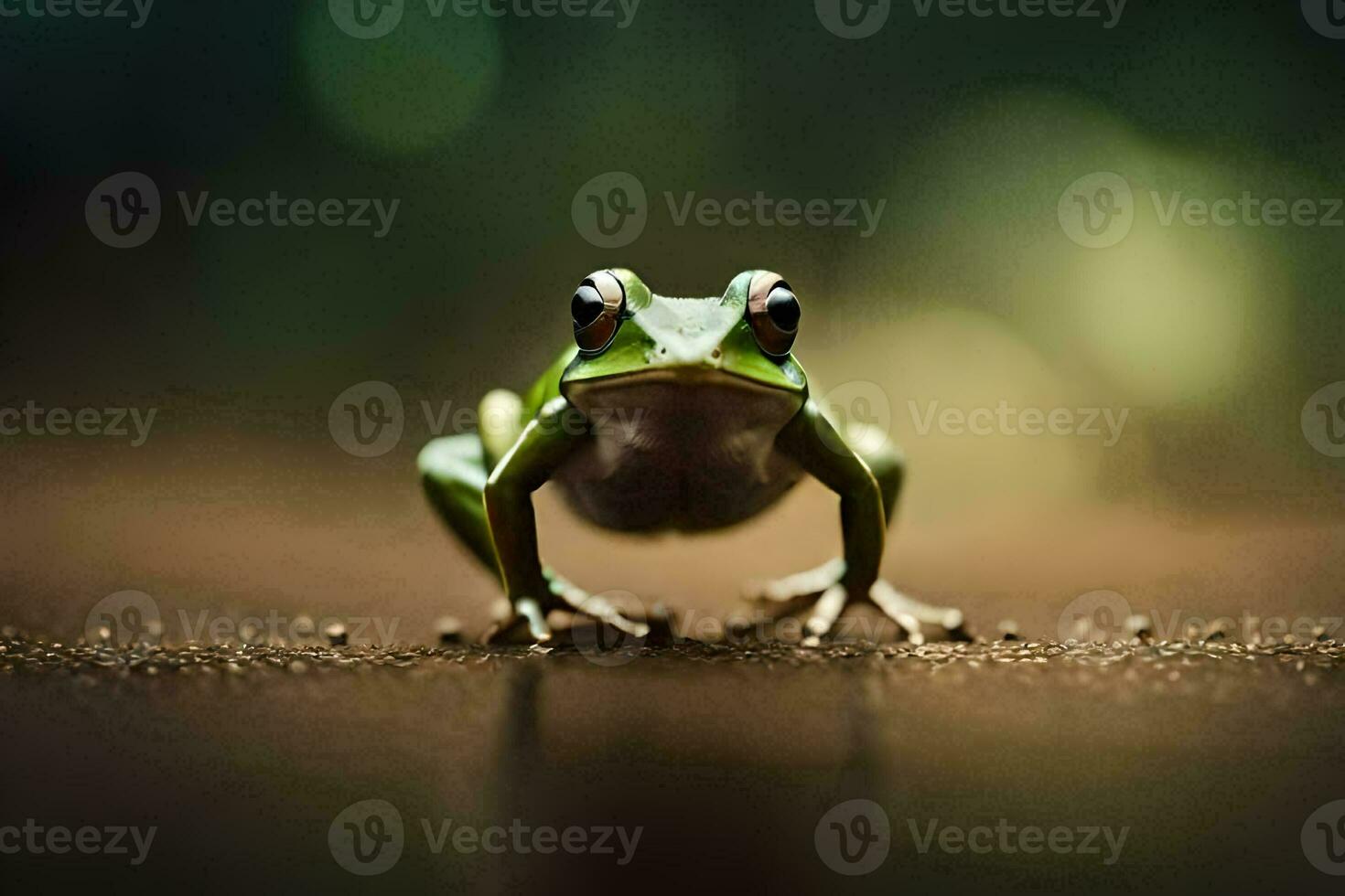 a frog is standing on the ground with a blurry background. AI-Generated photo