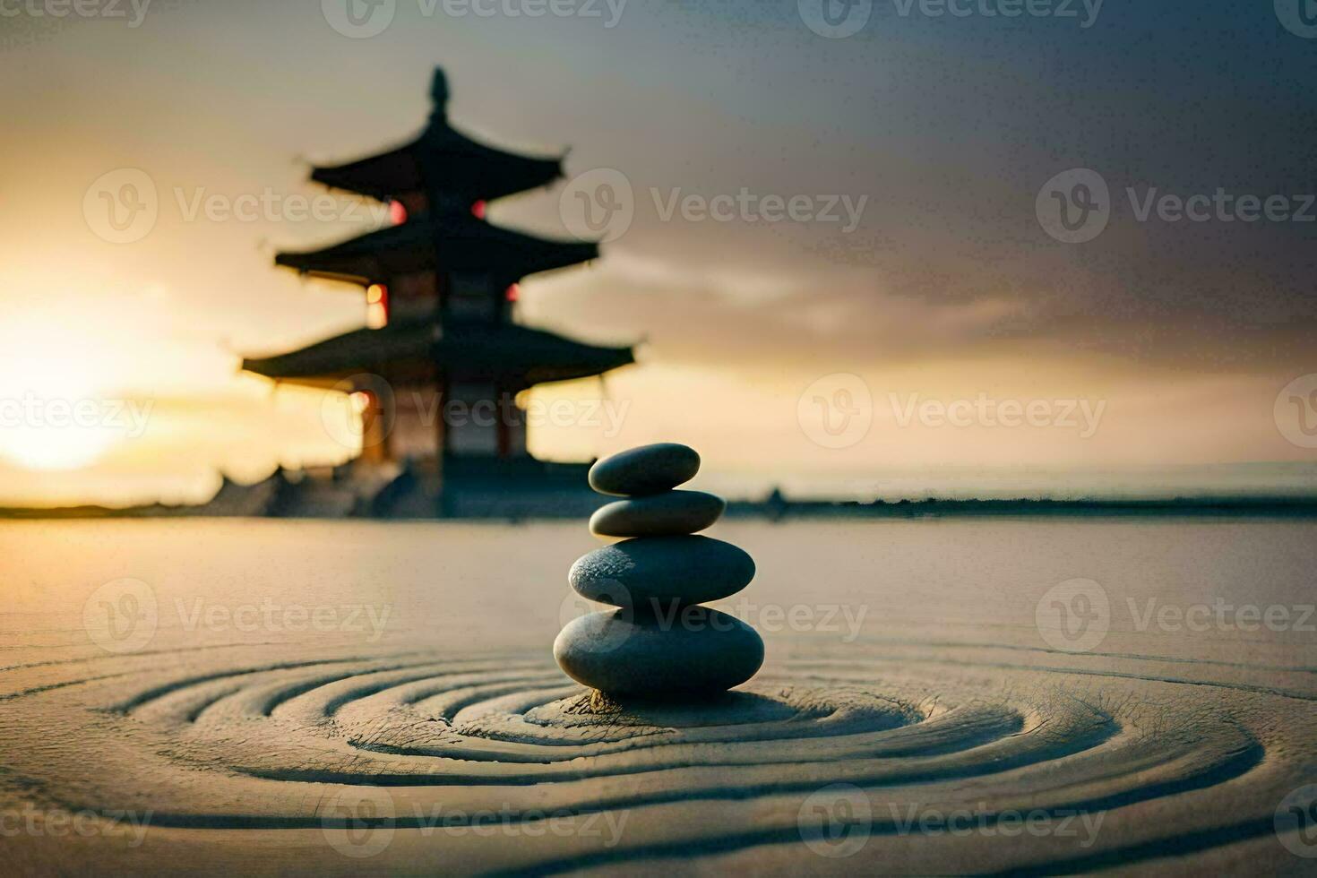 a pagoda in the sand with a stack of stones. AI-Generated photo