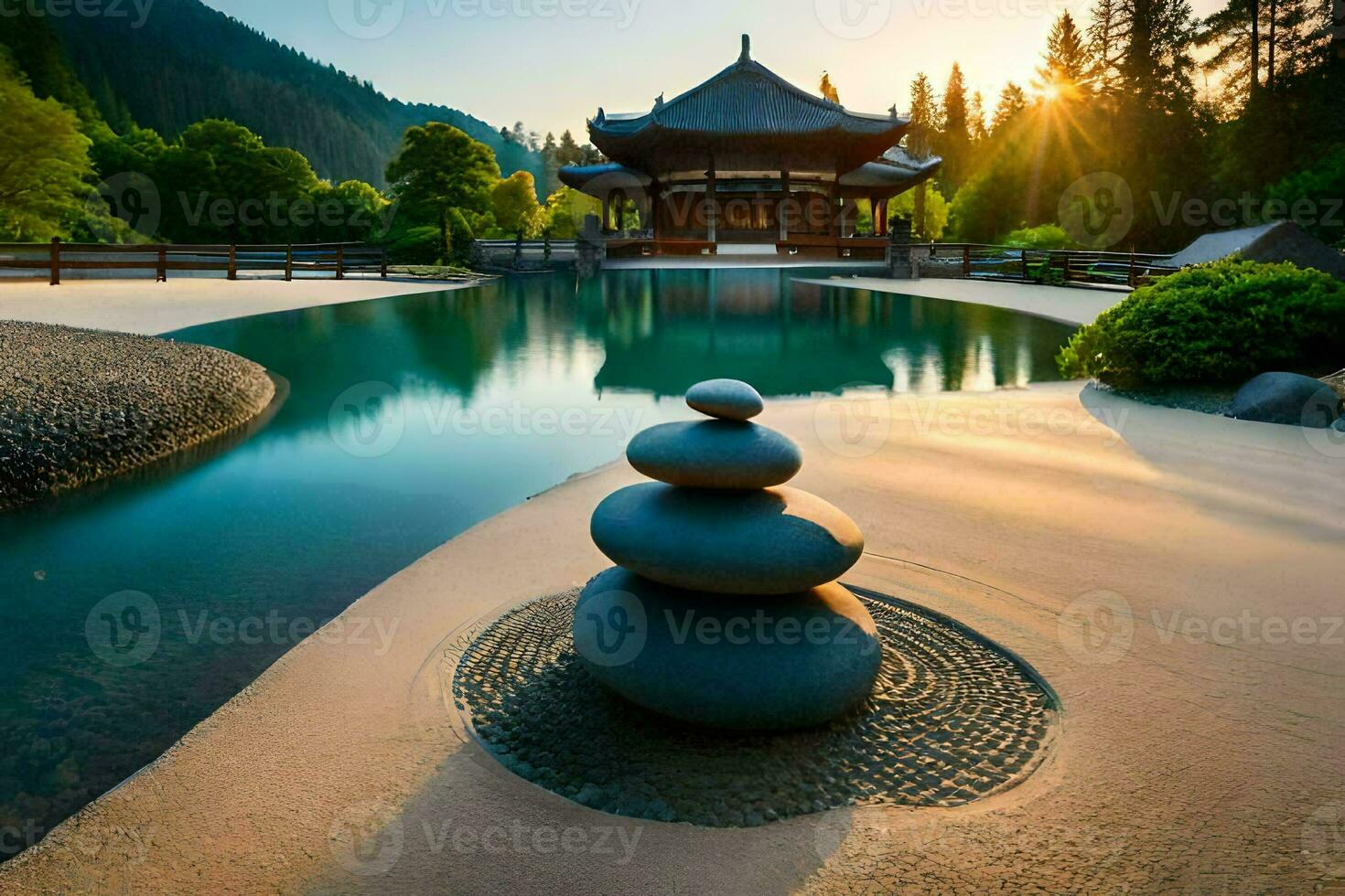 a japanese pagoda sits in the middle of a lake. AI-Generated photo