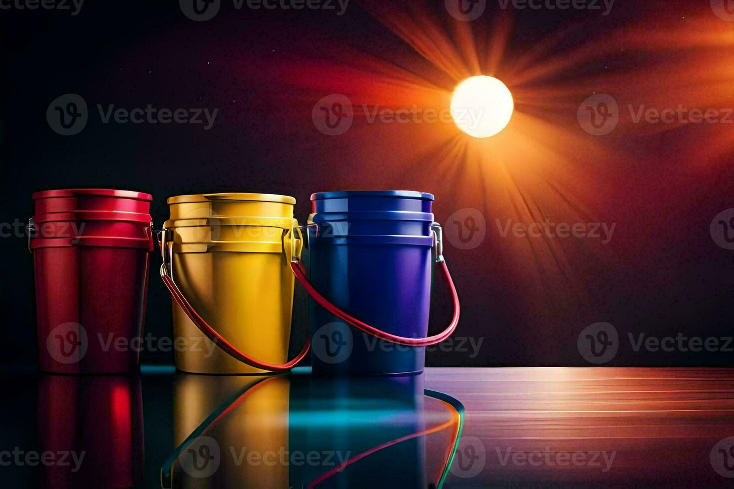 three buckets with bright lights in the background. AI-Generated photo