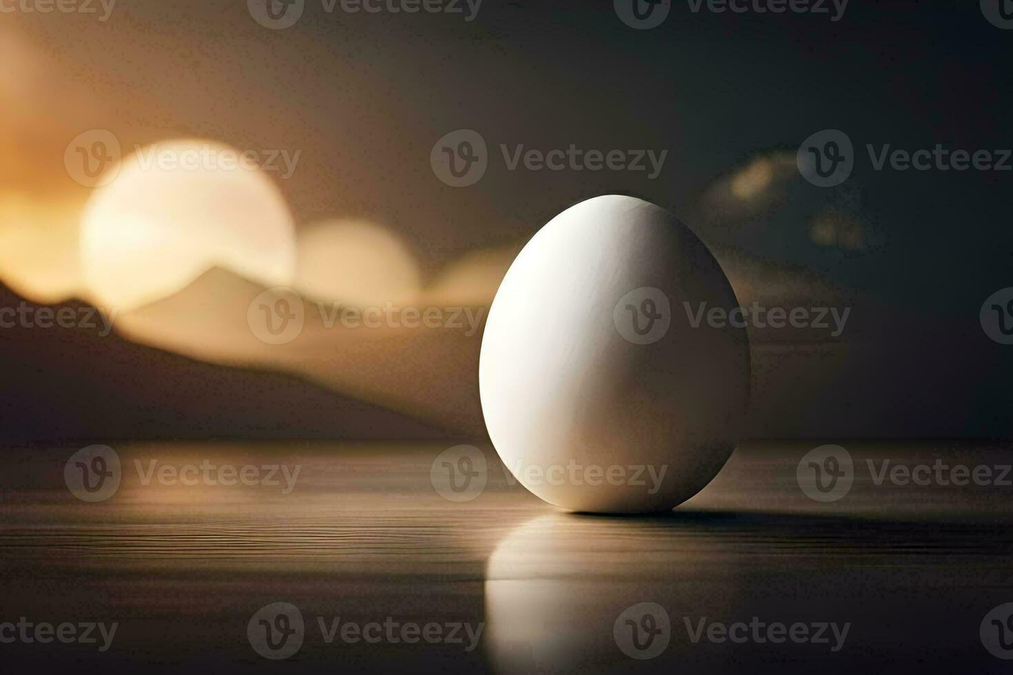 an egg sitting on a table in front of a sunset. AI-Generated photo